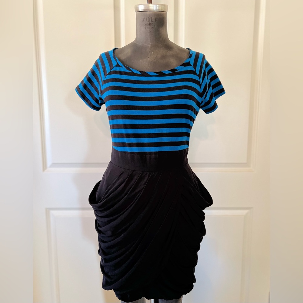 Forever 21 Twist Striped Dress Blue Black Draped Tulip Skirt Ruched M
